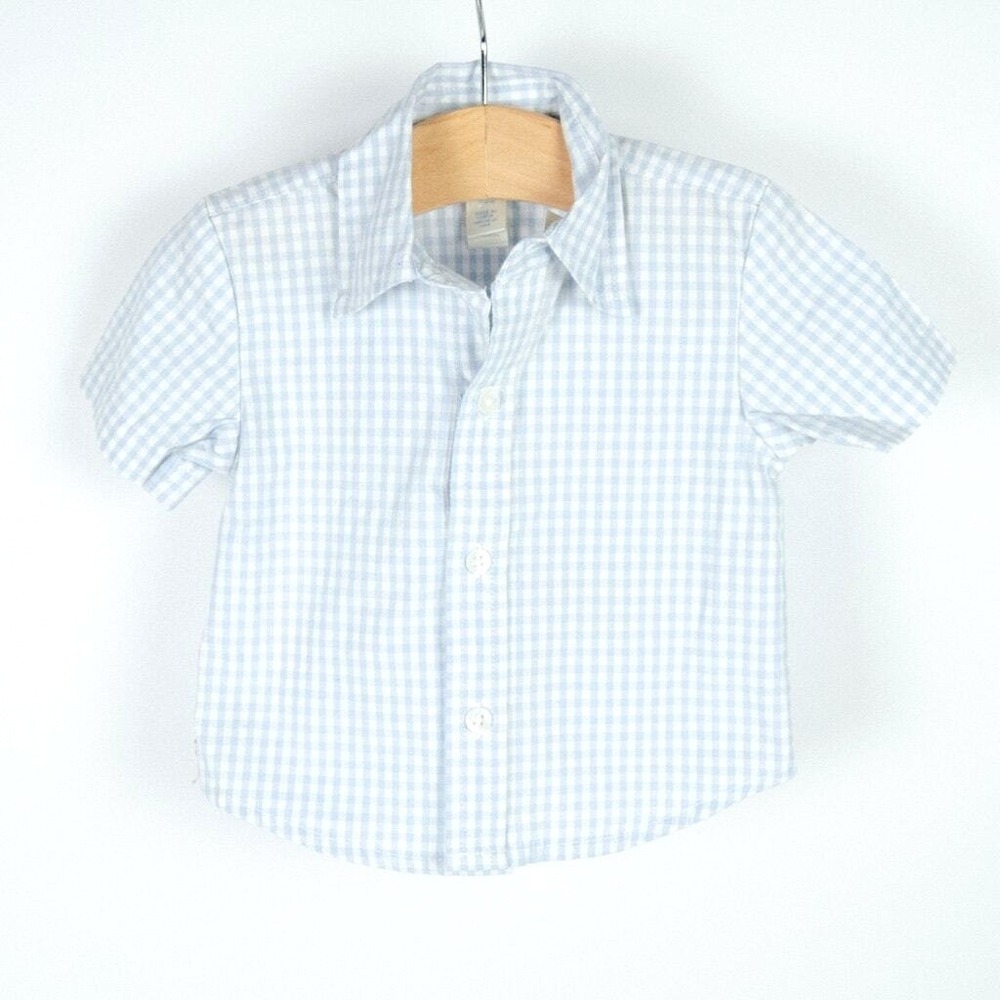 Pottery Barn Kids Button Up Shirt‎ Baby 0-3 M Blue Gingham Short Sleeve NWT